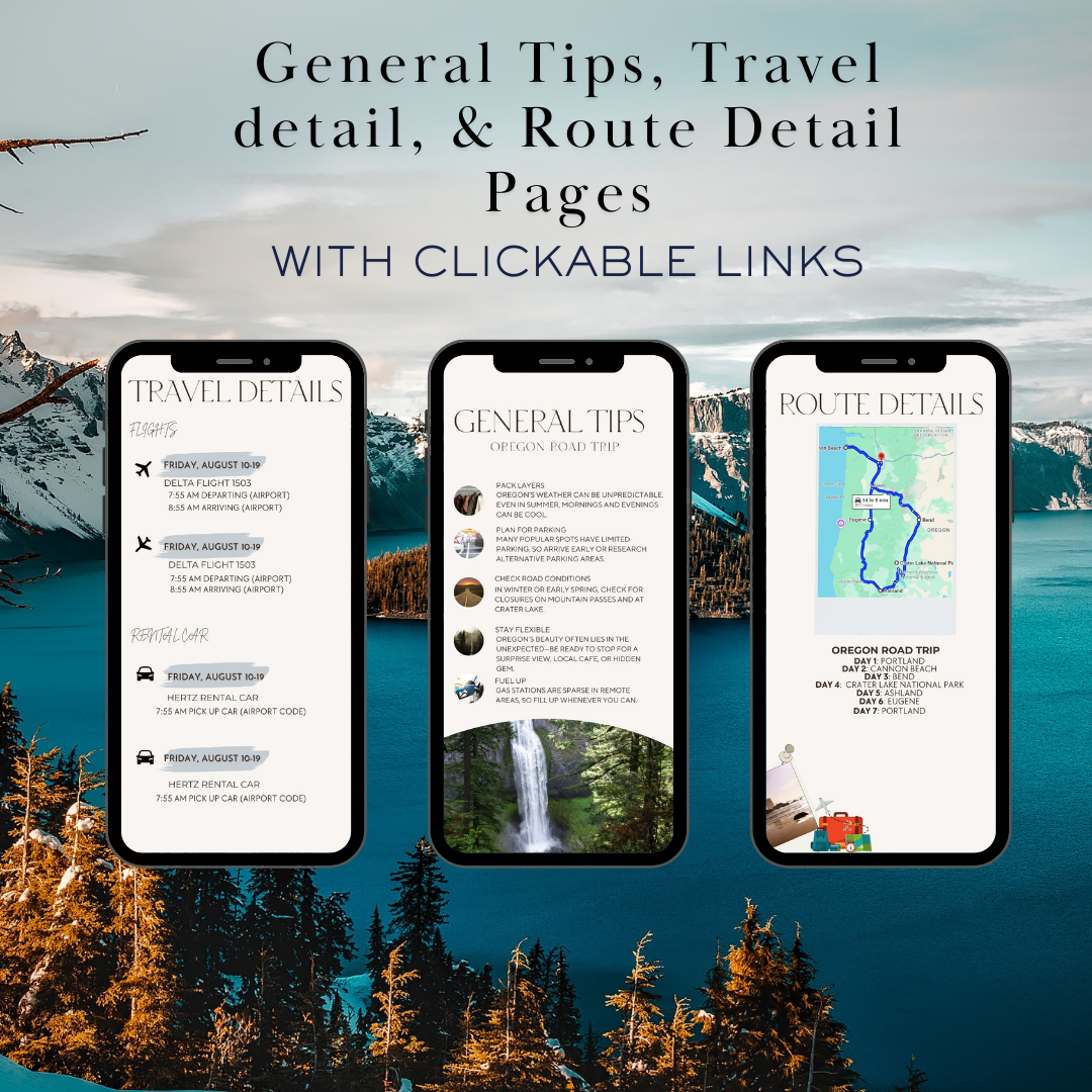 Oregon Road Trip additional activities and maps page in travel itinerary